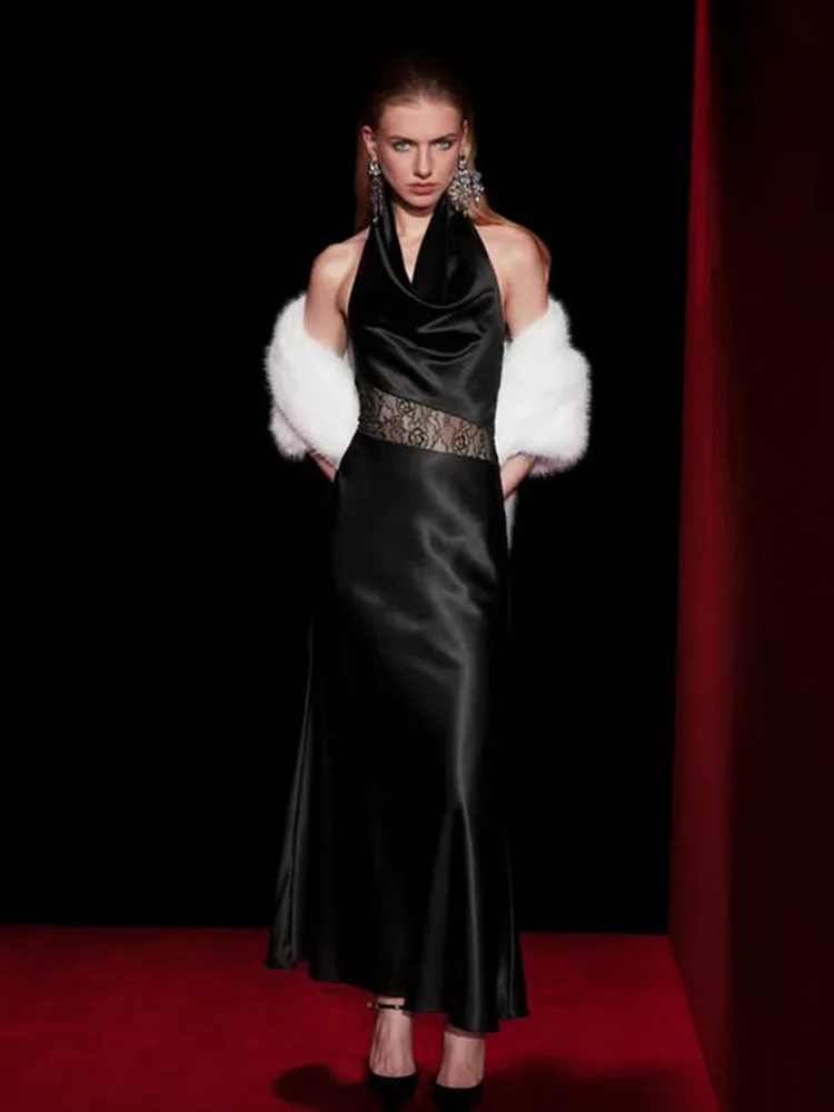 Ahagaga ファッション Hlater レディース マキシドレス ソリッド サテン レース パッチワー スリムフィット ボディコン セクシー バックレス エレガント パーティー ドレス