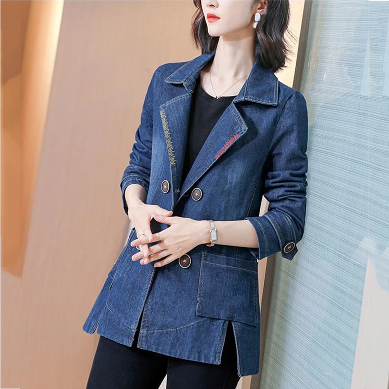 Denim Jacket Coat Women Double Breasted Full Sleeves Vintage Windbreaker Female Long Jean Jacket Outerwear Tops NewSpring Autumn