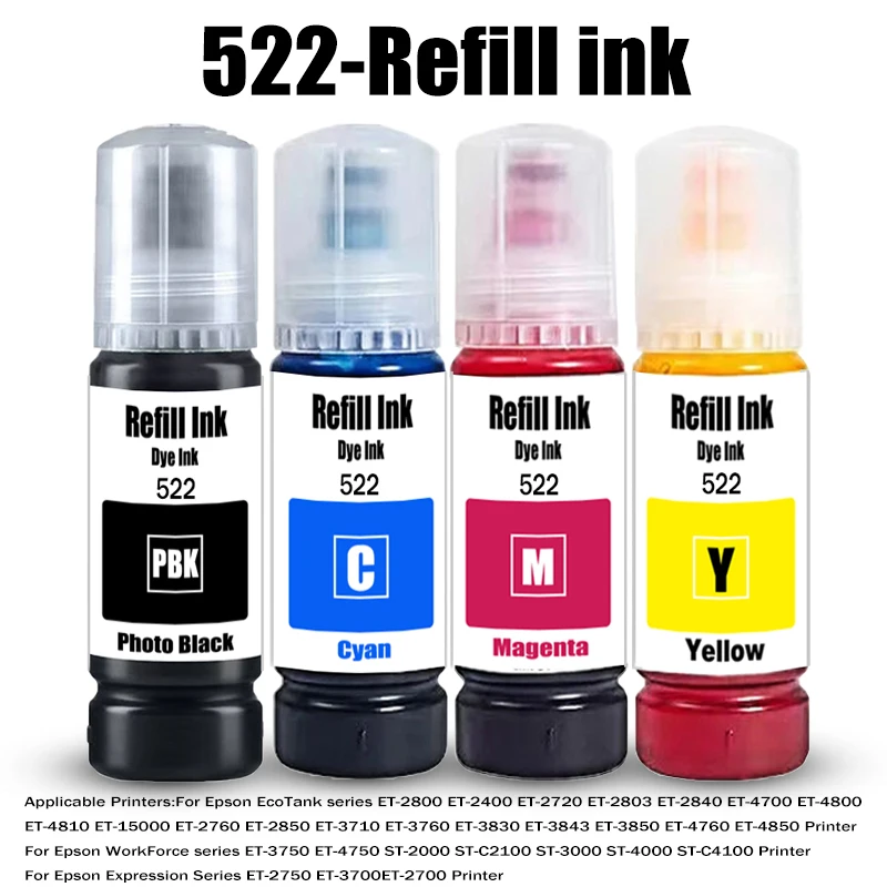 

522 Dye Refill ink Premium quality Dye Ink for For Epson ET-1110 ET-1810 ET-2400 ET-2710 ET-2720 ET-2800 ET-2810 ET-4700 ET-4800