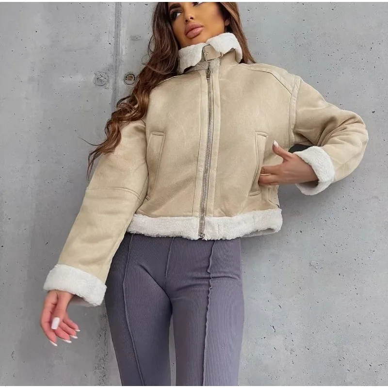 Apricot Lapel Furry Jacket Fluffy Loose Zippers Cold Jacket Warm Thick Stylish Casual New Winter Women‘s Outerwears Fancy Street