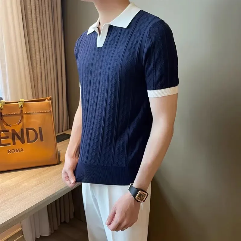2026Summer Hot Sales New Men's Knit Short Sleeve Polo Shirt Fashion Casual Top Men's Lapel Thin Jacquard Texture Slim POLO Shirt