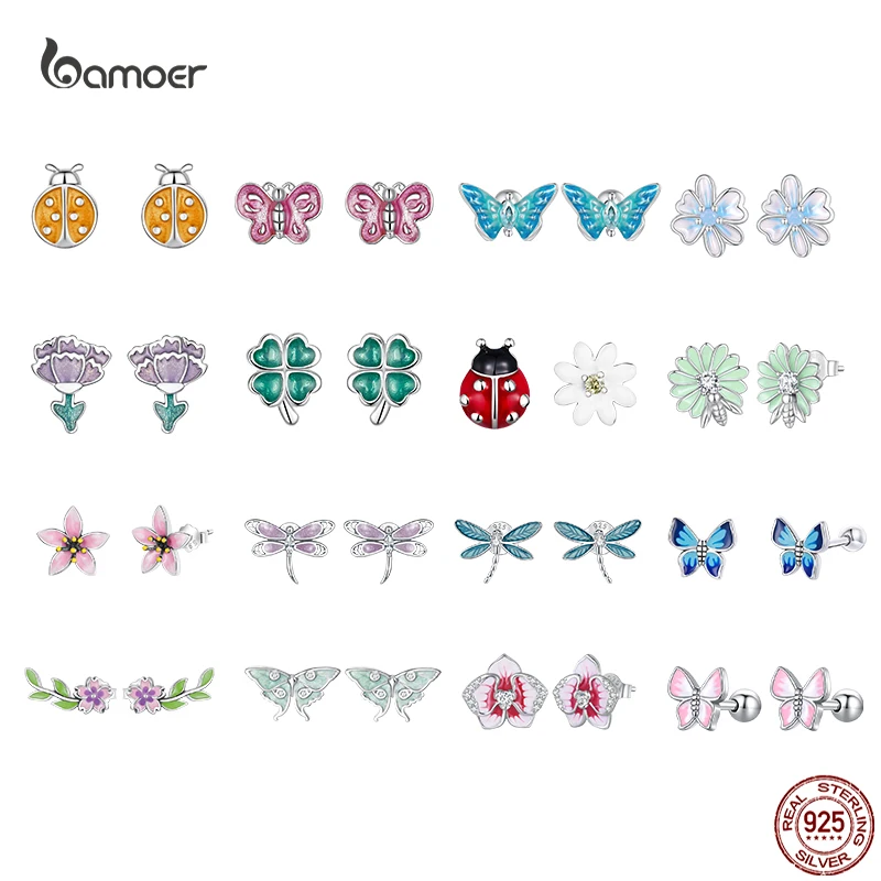 Bamoer 100% 925 Sterling Silver New Blue Pink Butterfly Flower Kolczyki sztyfty dla dziewczynki Kolczyki owadów Drobna biżuteria ślubna Prezent