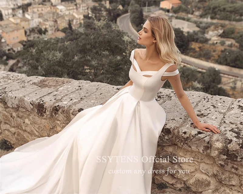 SSYTENS A Line White Wedding Dress Sleeveless Princess Civil Bridal Gowns Off the Shoulder Elegant Custom Made Long Bride Dress