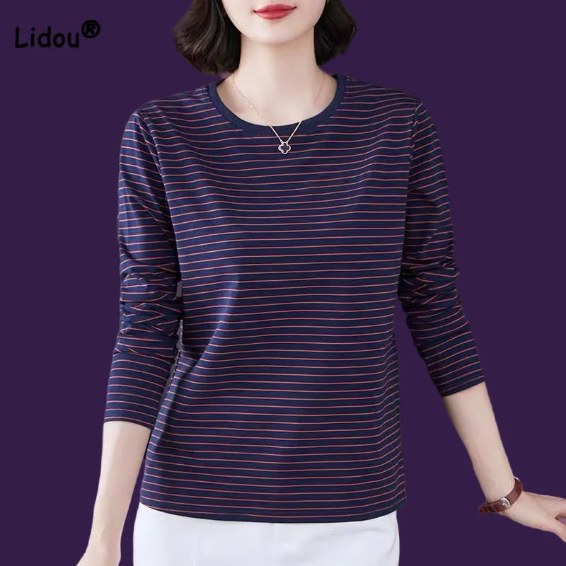 

Casual Fashion Long Sleeve Striped T-shirt For Female Spring Autumn Classic All-Casual Fashion Long SleRound Neck Tops Pullovers