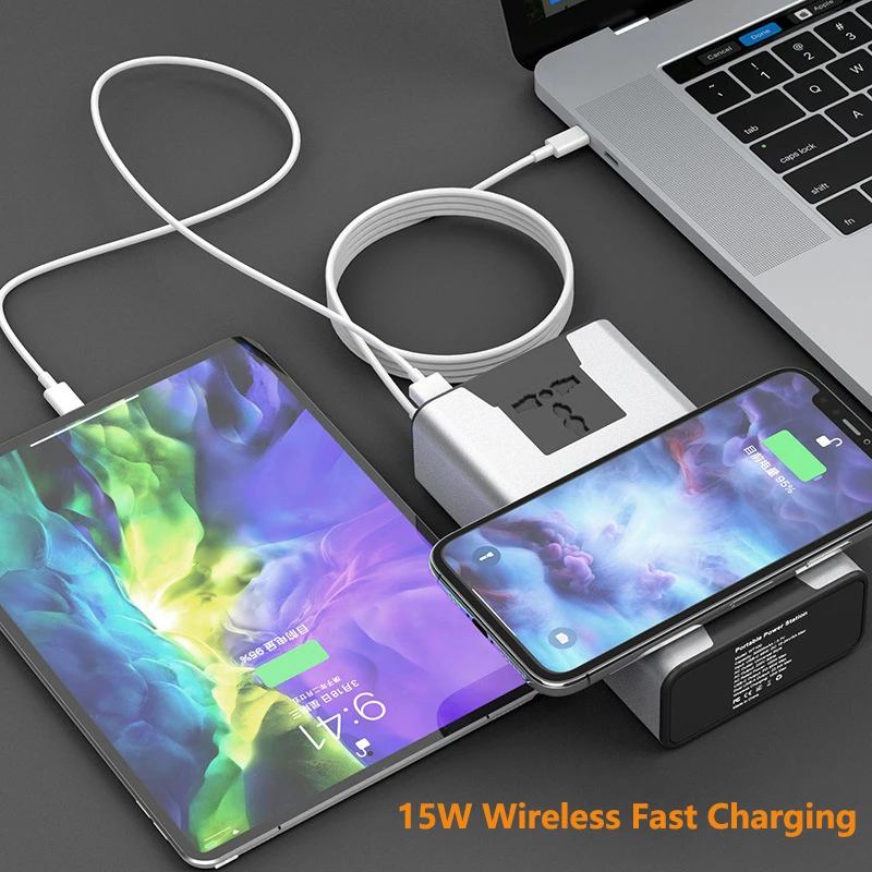 100W Power Bank 30000mAh with 220V AC Output 15W Wireless Charger PD 65W Fast Charging Powerbank for iPhone 15 Laptop Notebook