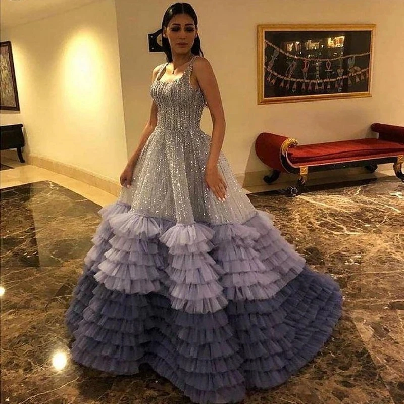 vestidos de fiesta elegantes para mujer 2023 Sparkly Beads Tiered Tulle Prom Gowns Ball Dress Arabic Dubai Wedding Party Dresses