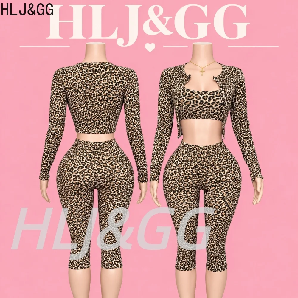 HLJ&GG Women 3 Piece Leopard Outfit Set Cami Crop Top Long Sleeve Cropped Cardigan High Waist Capri Pants Casual Y2K Streetwear