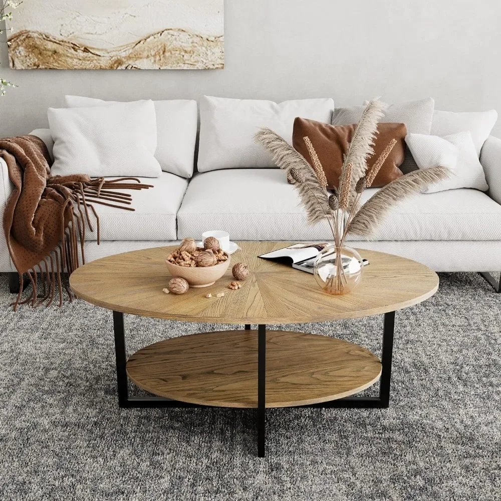 Solid Wood Oval Coffee Table with Cross Metal Legs, 43.3in Modern Industrail Center Table with Open Shelf Cocktail Tea Table