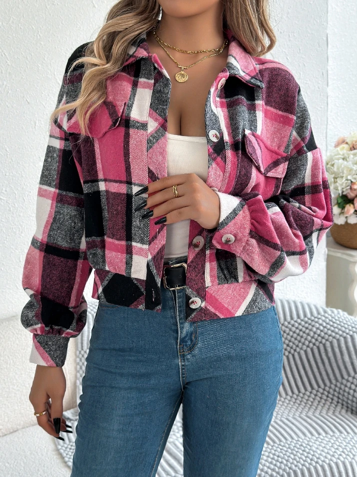 Women's Fashion Retro Coat 2025 Autumn Winter Latest Plaid Fake Pocket Long Sleeved Woolen Jacket Cardigan Open Front Blouses