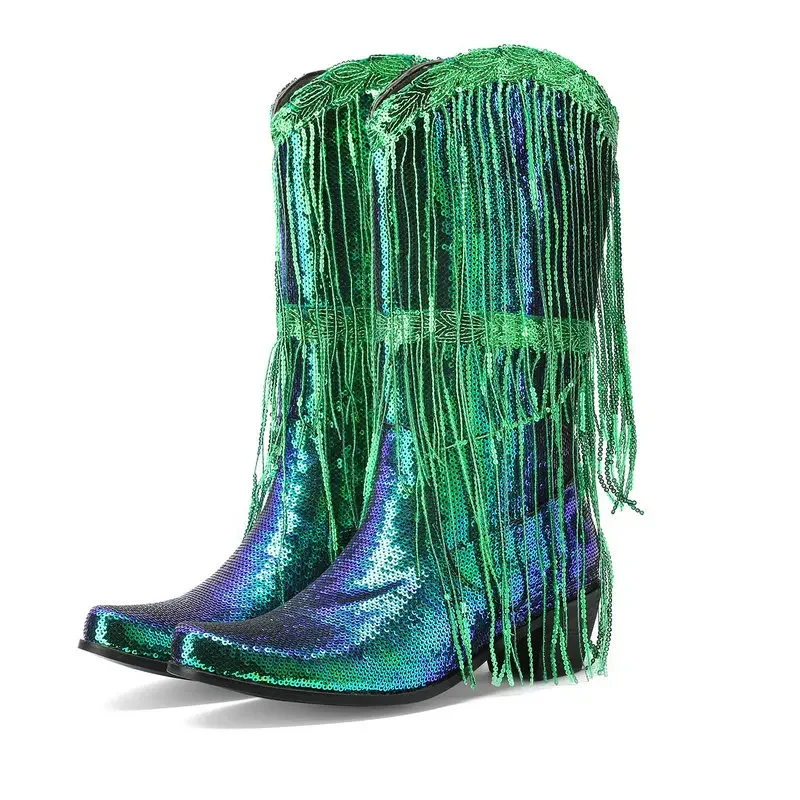 

Curved Toe Sequins Glitter Bling Shiny Gold Green Purple Women Heels Shoes Mid-calf Western Cowboy Boots With Fringes Tassels