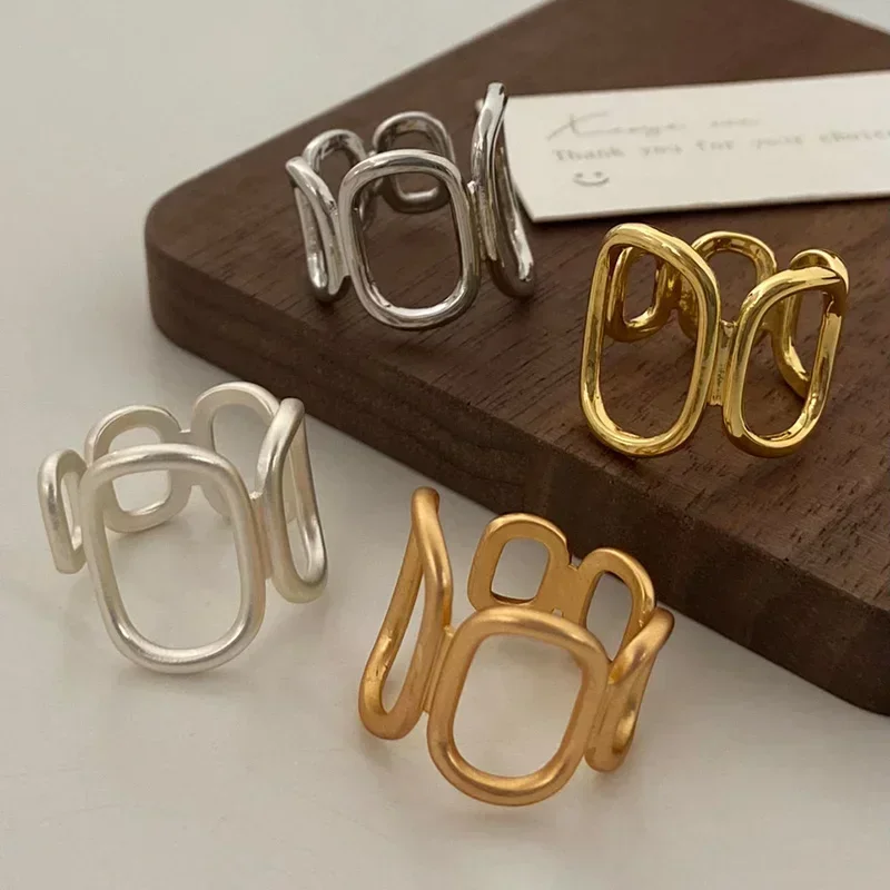 

Real 925 Sterling Silver Minimalist Hollow Geometric Rings for Women Trendy Fine Jewelry Adjustable Personality Accessories