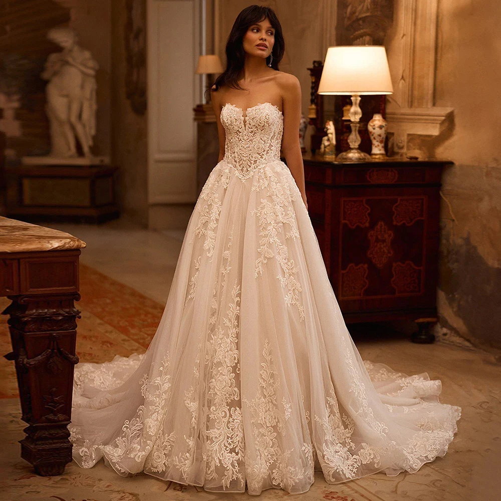 

Champagne Wedding Dresses Lace Customized Sleeveless Bride Gown Soft Tulle Lace A-Line Court Train فستان حفلات