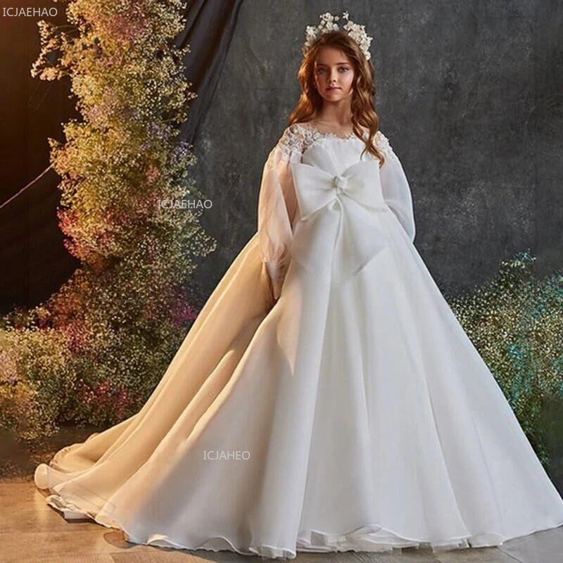 Children European Style New Kids Long Sleeve Wedding Gown with Train Puffy Tulle Dress for Birthday Host Performance Pageant