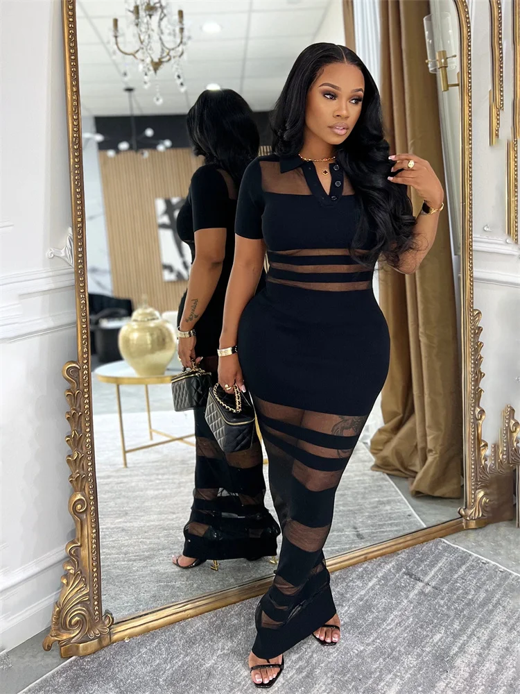 Macheda 여름 새로운 스타일 섹시한 긴 원피스 여성 메쉬 패치 워크 폴로 넥 미니 슬리브 스키니 피치 힙합 자정 코켓 베스티도