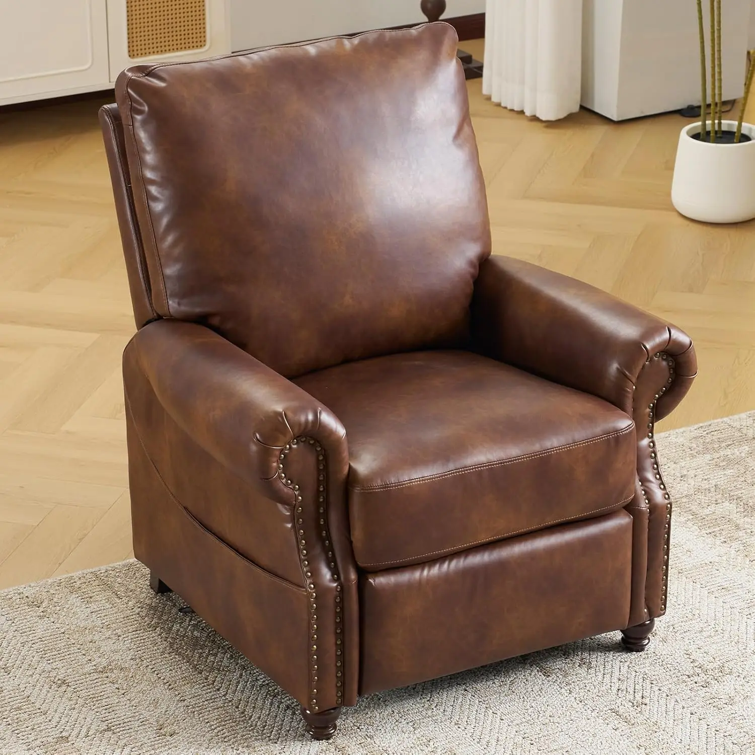Massage Heated Pushback Recliner Chair Breathable Leather Overstuffed Backrest Rivet Accent Single Sofa for Living Room