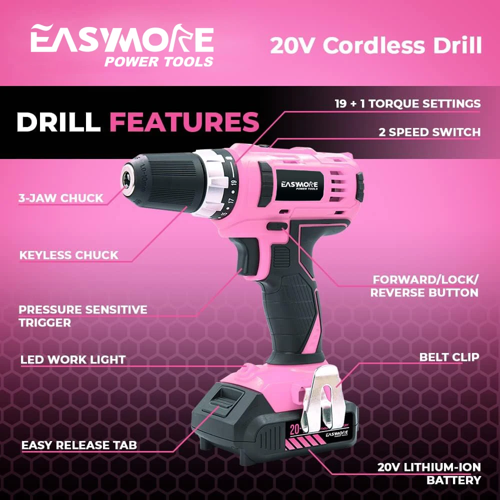 wireless power hand pink drill 20v cordless lithium electric drill set with battery and charger