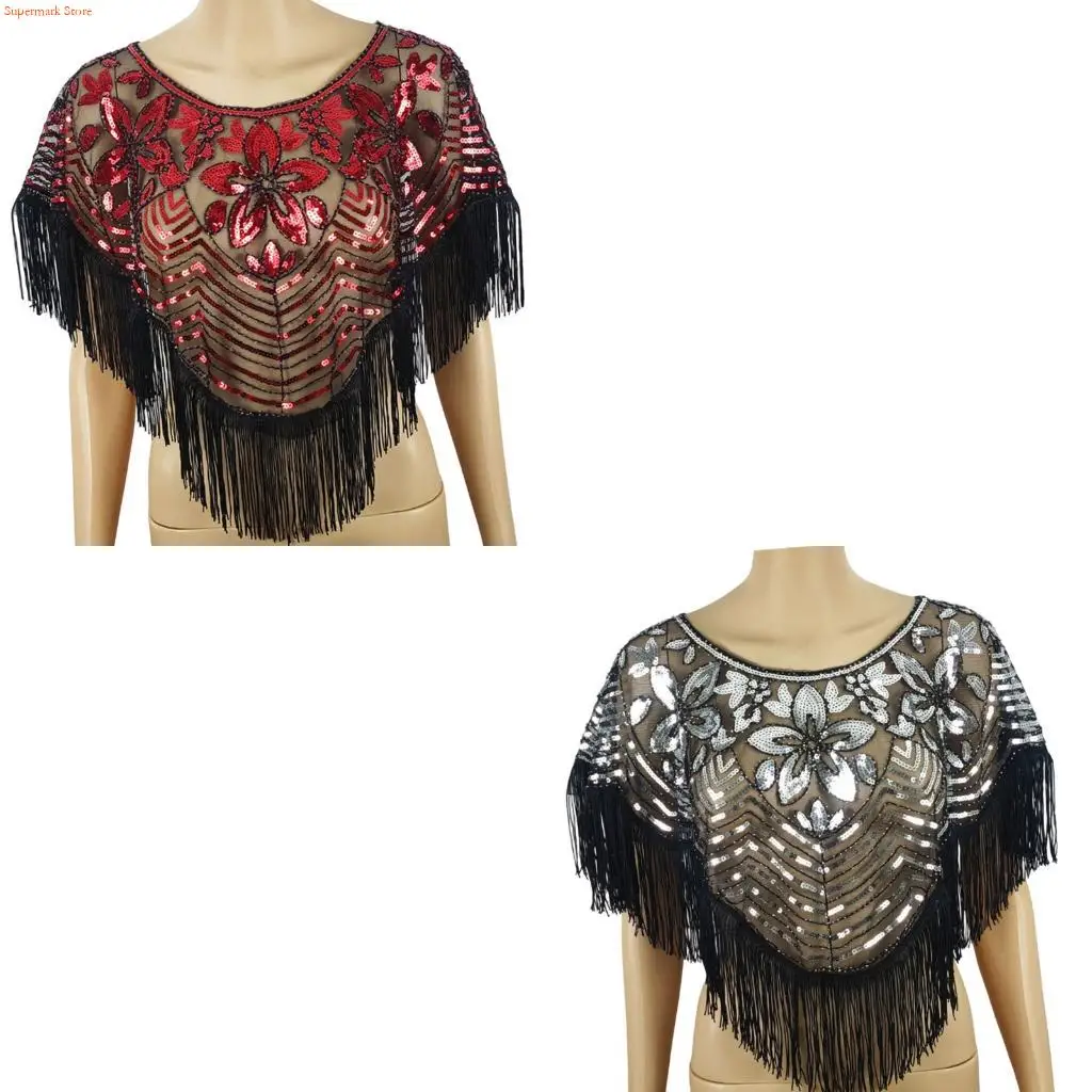 

Q5WE Fashionable Sequined Shawl Embroidery Beads Capes for Women Outfit Formal Wear