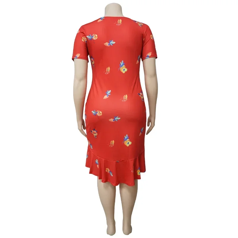 KEXU Print Short Sleeve V-neck Bandage Backless Ruffles Red Dresses Vintage Party Vestidos Summer Plus Size Women Dress