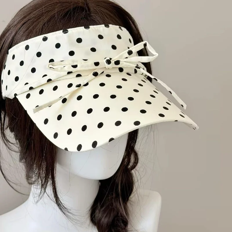 French Retro Polka Dot Sun Hat For Women Elegant Bow Knot Empty Top Visor Hat Summer Wide Brim Beach Cap Casual Outing Hats