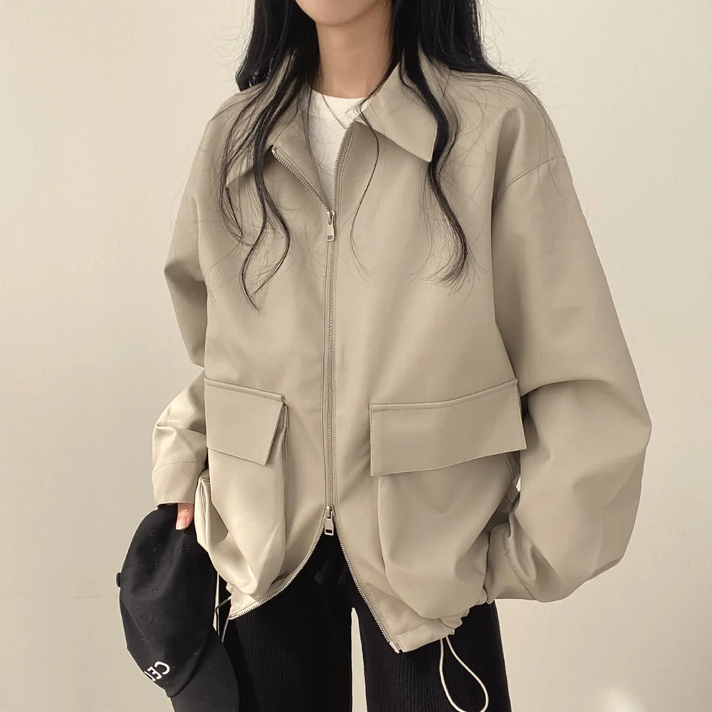 Women Casual Faux Leather Short Jackets Y2k Drawstring Hem Turn Down Collar Long Sleeves Dual Zipper Loose Jacket 2025 Autumn - Image 6