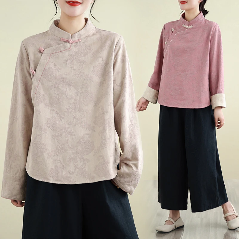 

Chic irt with Button Design Side Slit Cotton Blend Long Sve Stand Collar Casual Busin Sle Loose Fit Women...