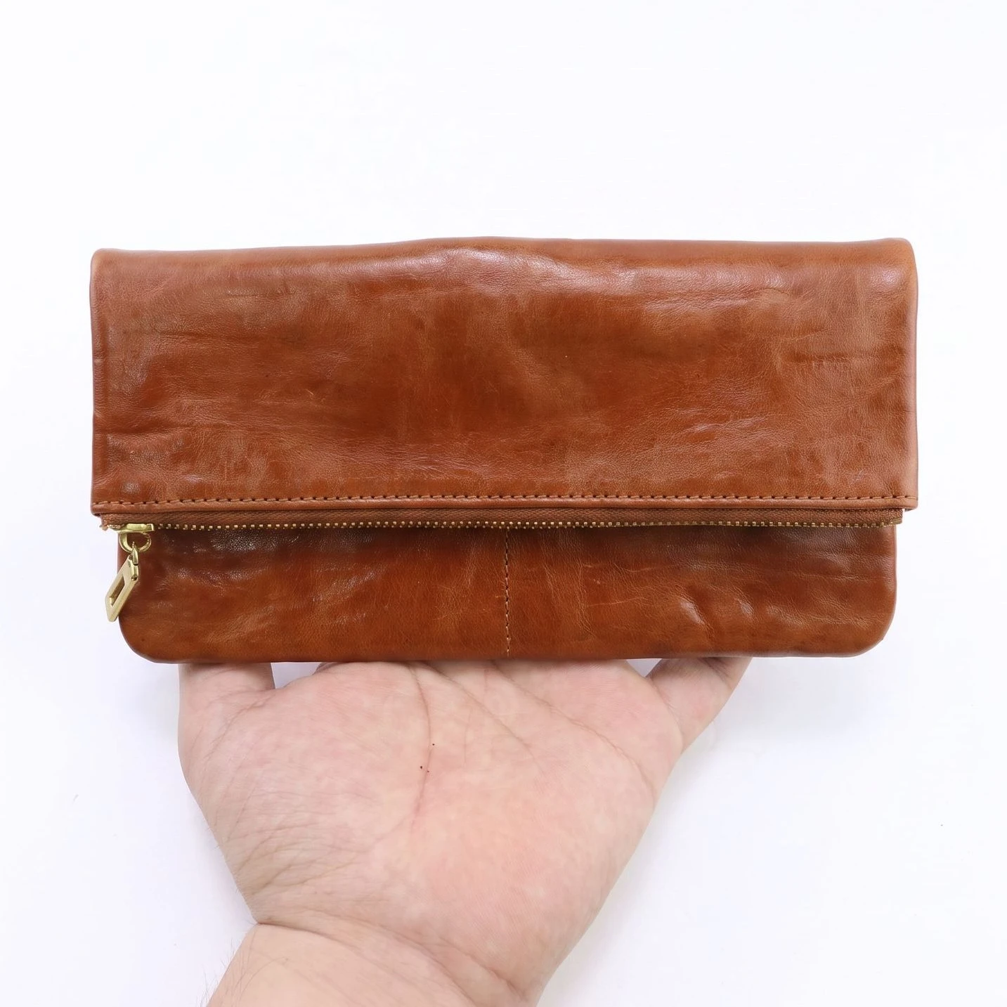 Vintage Vegetable‑Tanned Leather Envelope Long Wallet, Fold‑Over Design Large Capacity with Multiple Card Slots Zipper Pocket