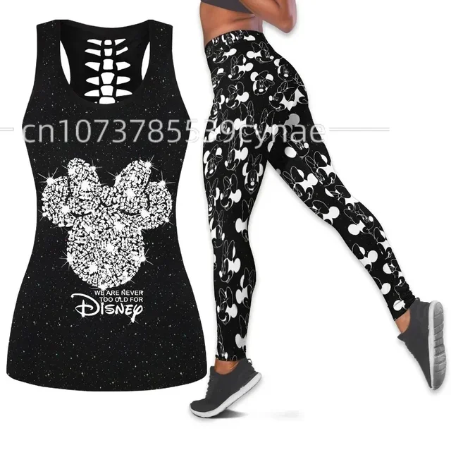 

2024 Disney Minnie Women's Hollow Vest + Women's Leggings Yoga Suit Fitness Leggings Sports Suit Tank Top Legging Set Outfit