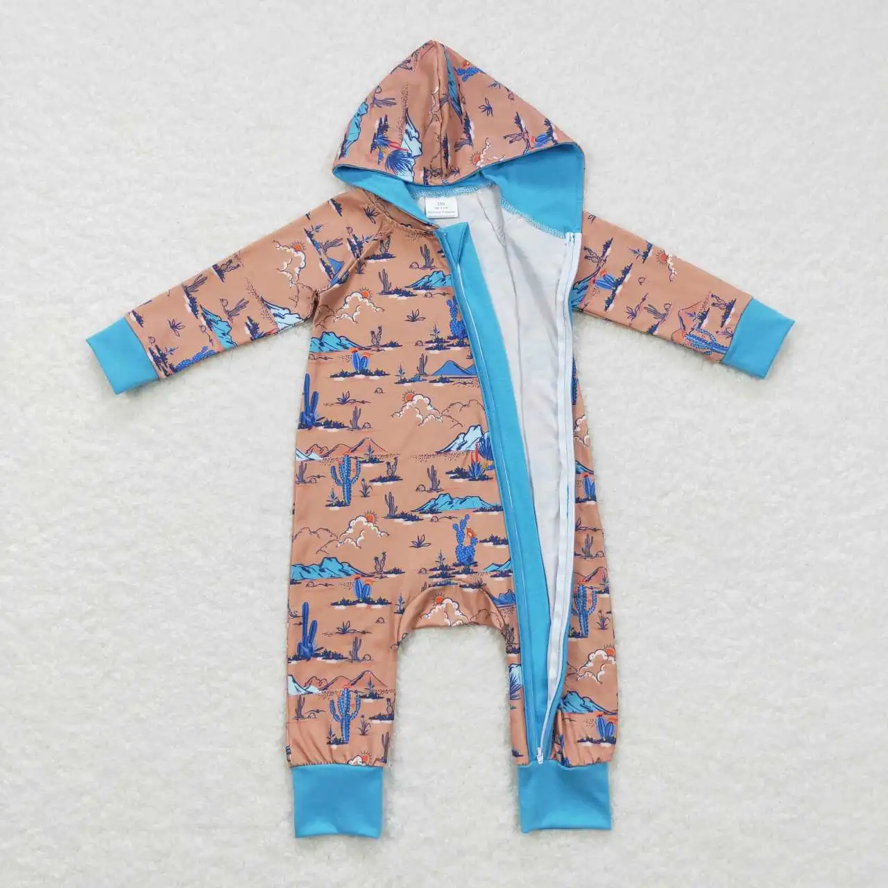 Wholesale hot sale newborn toddler children's clothing new rompers Desert cactus brown blue hooded zip-up long-sleeved onesie