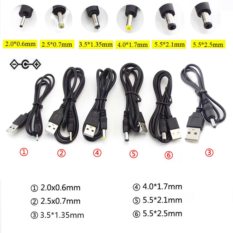 USB Type A Male to DC Connector Charger Cable 5.5 2.1 2.5 2.0 3.5x1.35 4.0x1.7mm Converter Male Mini 5pin Power Supply Plug Jack