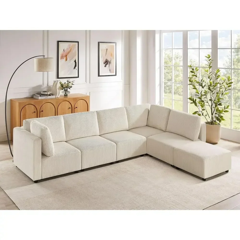 Reversible Corduroy Sleeper Sectional Sofa with Ottomans and Chaise, 6-Seat Convertible Couch for Living Room