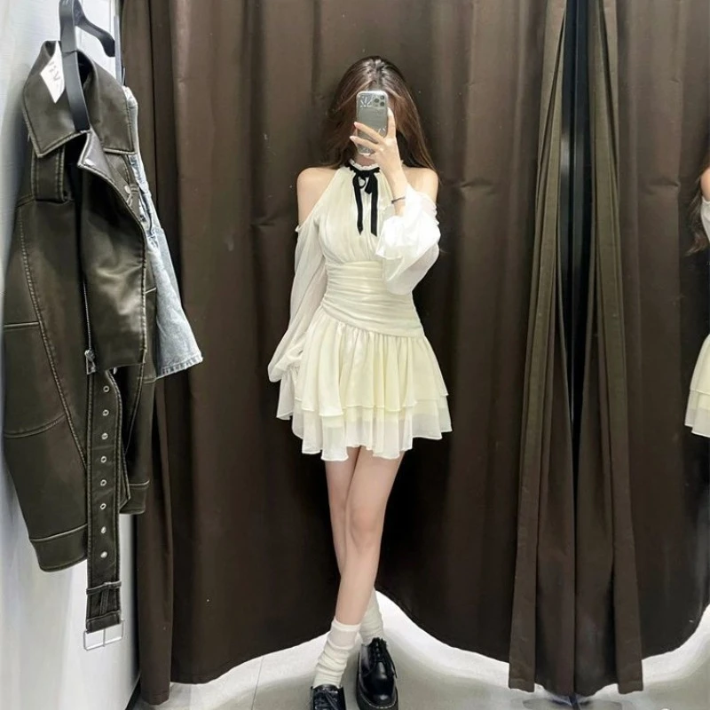 Summer Elegant Dresses Women Korean Fashion Off Shoulder Hanging Neck Dress New Holiday Fairy Slim Princess Vestidos Chic