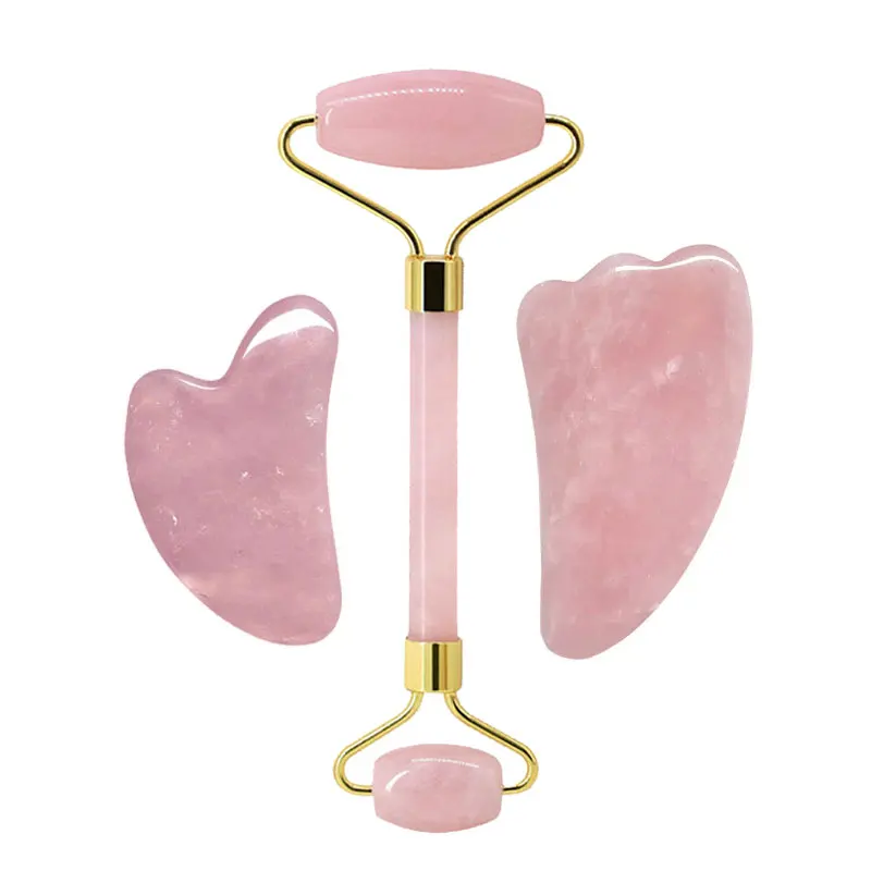 3pcs Rose Quartz Jade Roller Gua Sha Set Natural Gouache Stone Face Massage Guasha Scraper Facial Massager Skin Care Beauty Tool