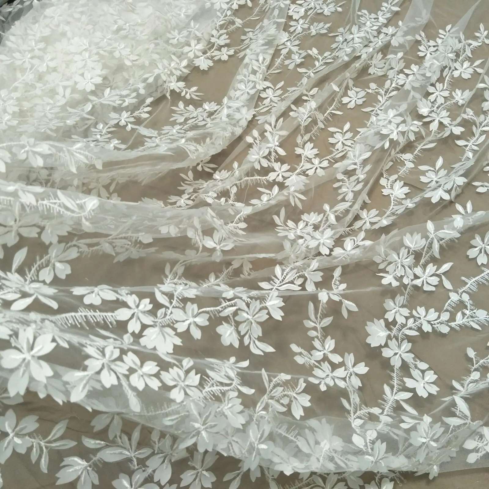 fashion laser cut 3D lace fabric ivory bridal lace fabric sell by yard 130cm width dress lace