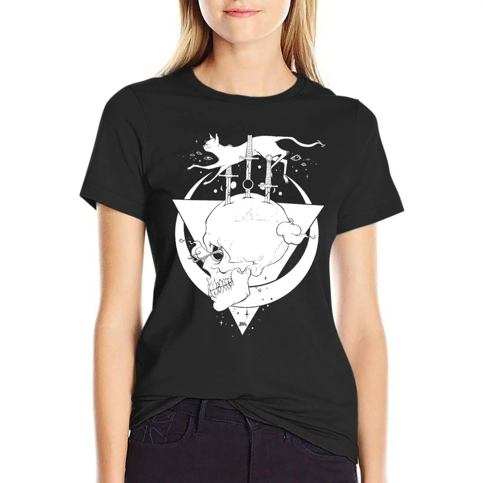 Skull And Cat With Moon Phases T-Shirt Female clothing hippie clothes vintage clothes funny cute t-shirts for Women