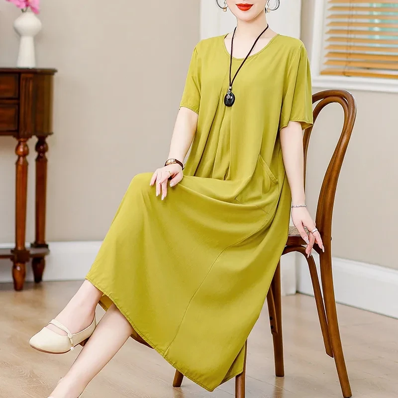 New Summer Cotton Silk Nightwear for Women's Mothers Plus Size 5XL Solid Color Pocket Pajamas Dress Comfortable Cool Sleepdress