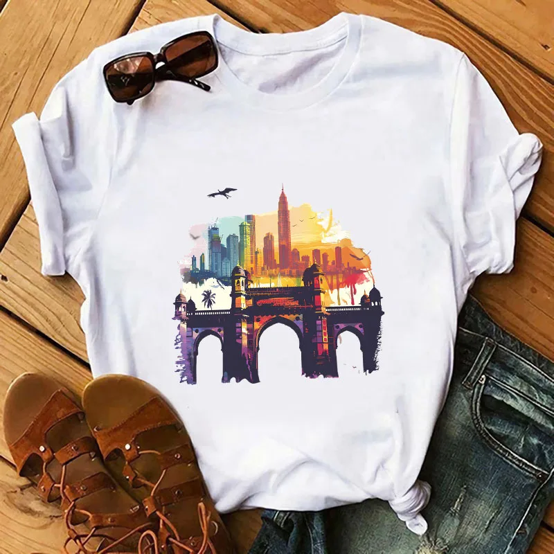 Fashion City Scenery Watercolor Painting Patch For Clothes Heat Transfer Sticker Iron On Vinyl For Clothes Sunrise and Sunset