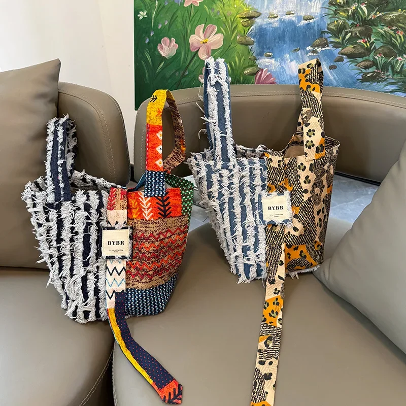 

2025 New Euro-American Retro Trend Bag - Women's Splicing Denim, Portable Fringed, Bohemian Fashion Simple Handbag