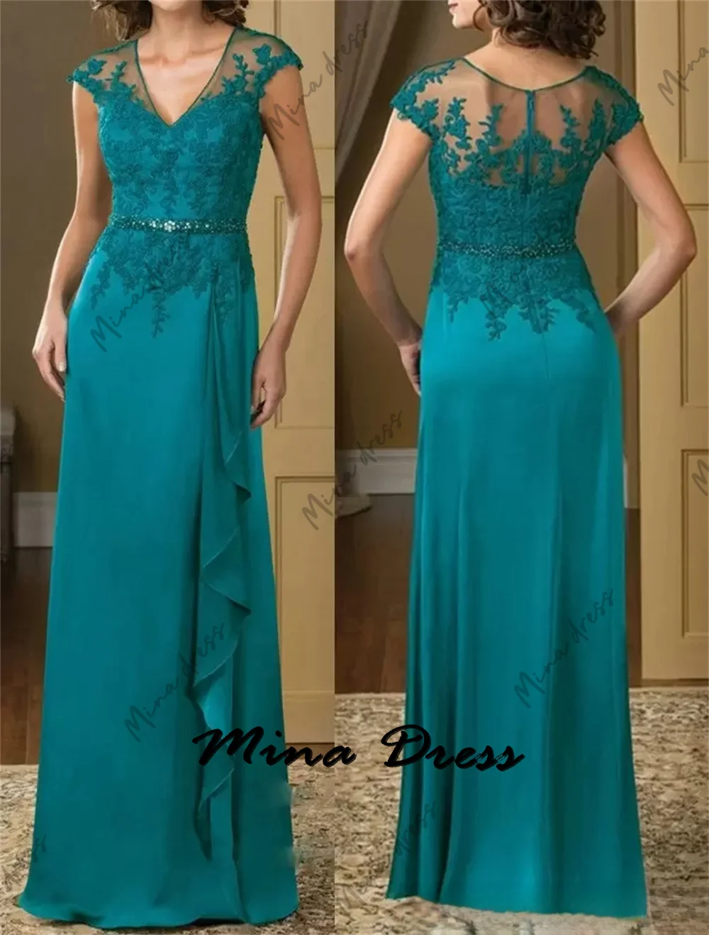 

Mina Customized Women Evening Dress Luxury 2024 Dubai Ruffles Lace V-neck Elegant Party Dresses for Women Luxury Ball Gowns Prom