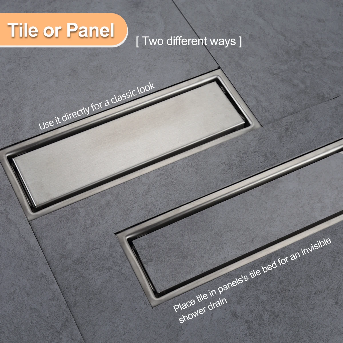 Linear Shower Drain with Tile-Insert Grille, Removable Hidden Cover, 304 Stainless Steel Rectangular Floor Drain