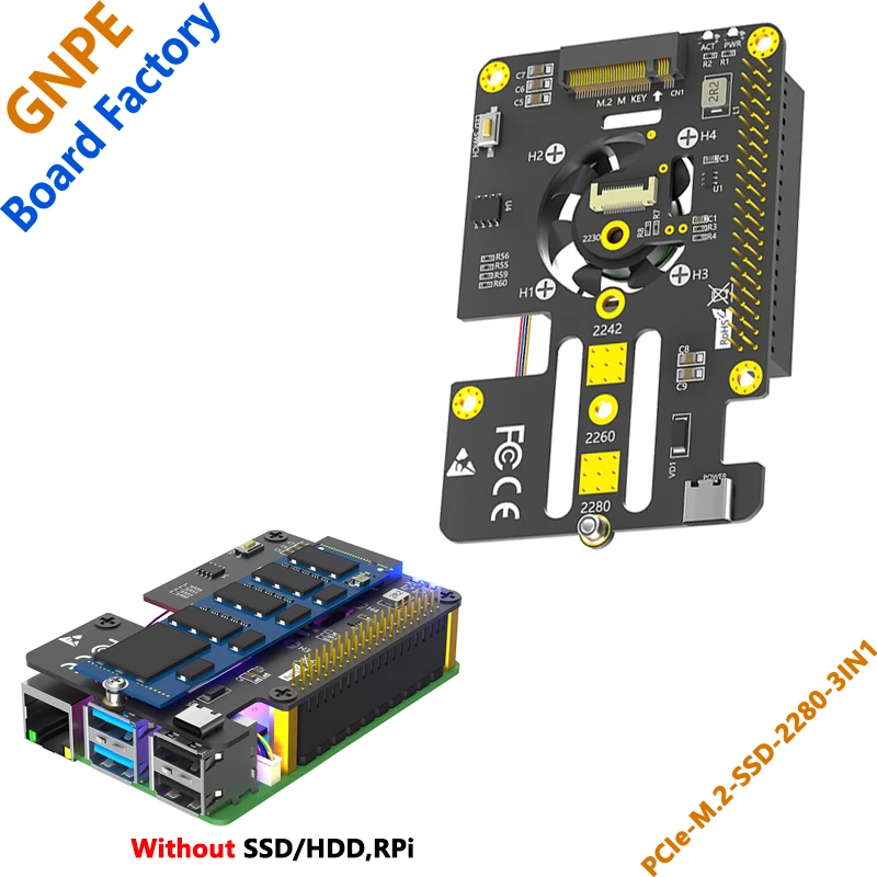 

Raspberry PI 5 PCIE to M.2 NVMe SSD 2280 Solid State Drive 3-in-1 Expansion board with fan