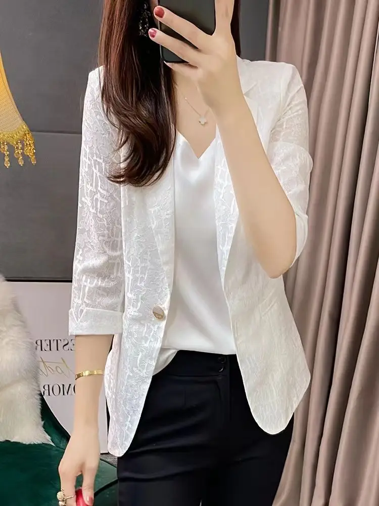 

Ele One Button Thin Lace Blouse Women's Slim Fit Suit Jaet Spring Summer Faion Commute Sle ort Length Pure Color