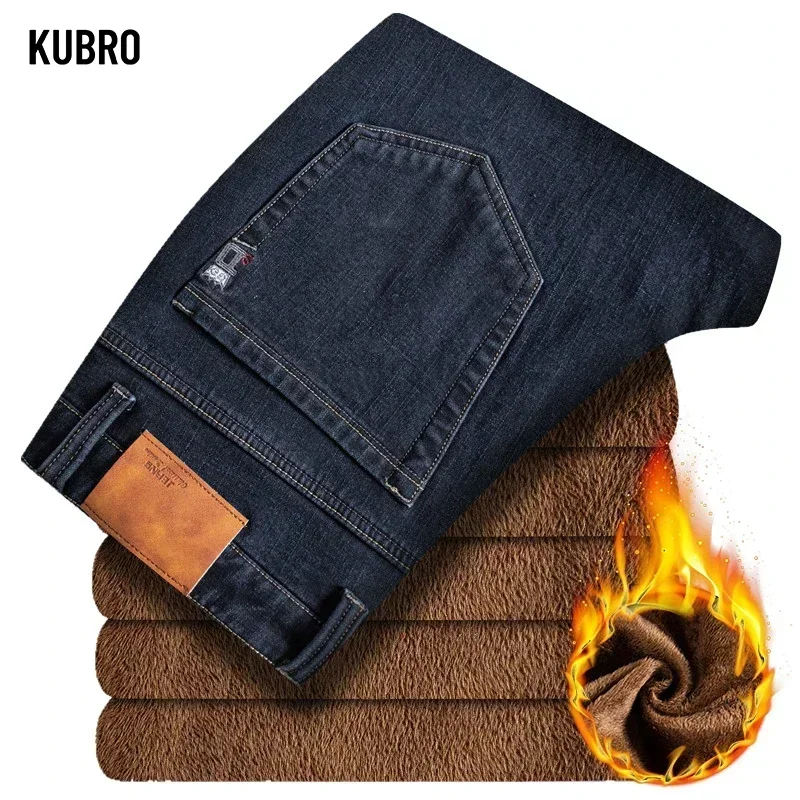 KUBRO Autumn Winter Stretch Business Casual Fleece Warmth Jeans Men Korean Fashion Soft Cotton Straight Trousers Plus Size 28 46