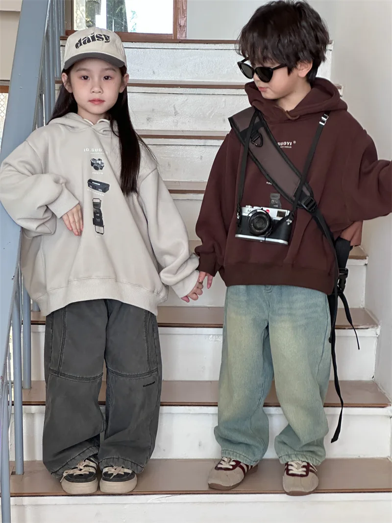 

Детская толстовка, новинка зимы 2023, Детская флисовая толстовка с капюшоном, Свободный Повседневный пуловер в Корейском стиле для мужчин и женщин, Топ