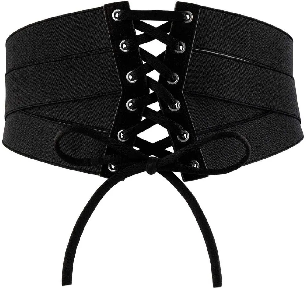 Womens Elastic Wide Band Wrap Cinch Retro High Waist Lace-Up Tie PU Leather Corset Cinch Belt Costume Party
