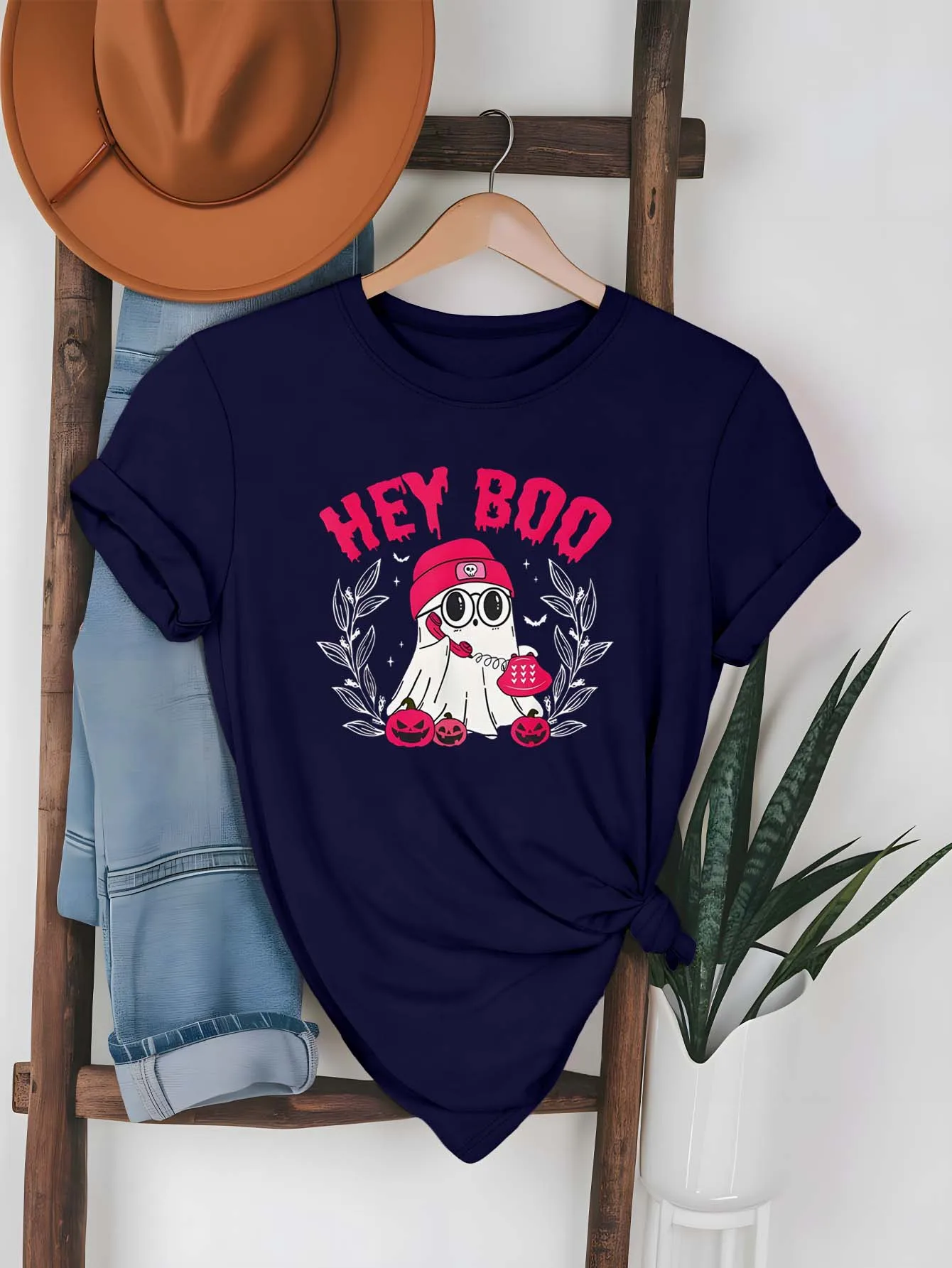 Plus Size Cute Ghost Graphic Apparel Featuring Hey Boo Slogan And Festive Elements
