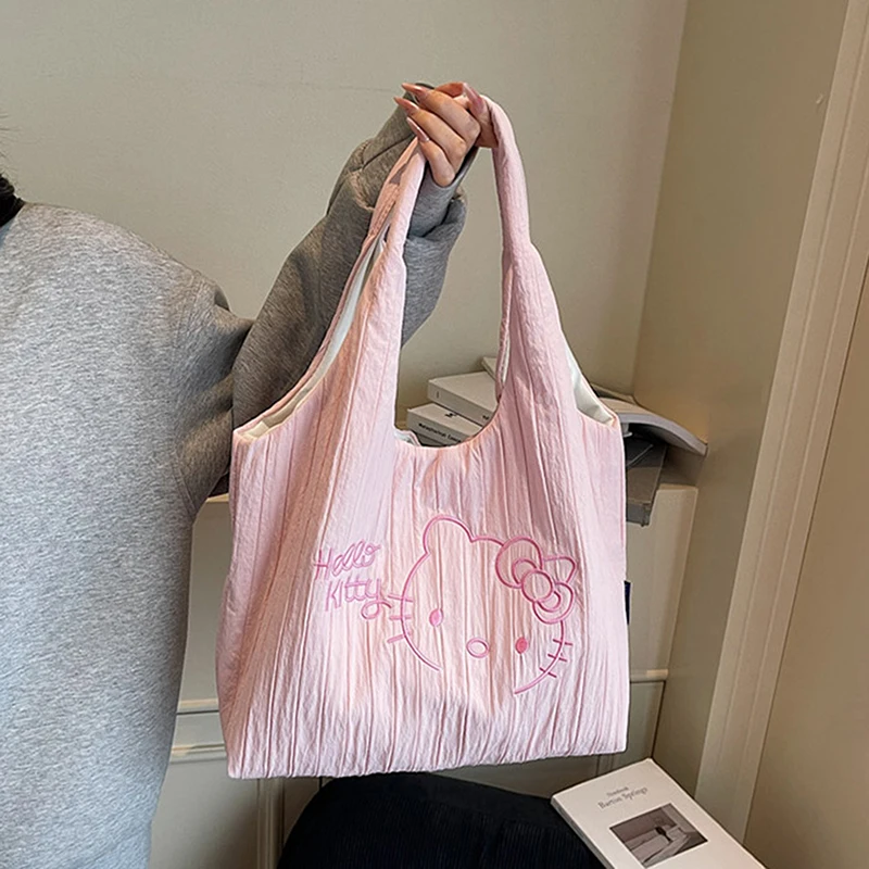 حقيبة يد نسائية مطرزة من Hello Kitty ذات سعة كبيرة وحقيبة كتف للطلاب للفتيات