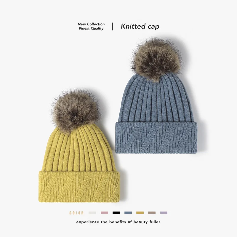 

Xxl 56-62cm women's Beanie Outdoor Knit Hat pom-poms Fleece Cap Warm Cold Hat Versatile Fashion Woolen Hats 4m632