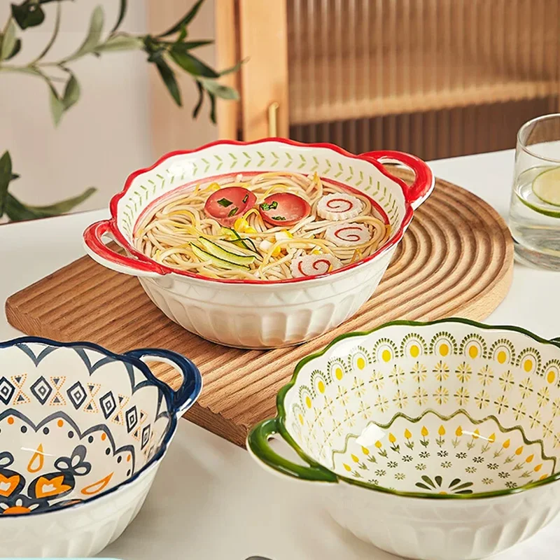 

Ceramic Noodle Bowl Home Modern Creative Spiral Rice Noodle Bowl Double Ear Soup Bowl Large Tableware Ramen Bowl Bohemian Style
