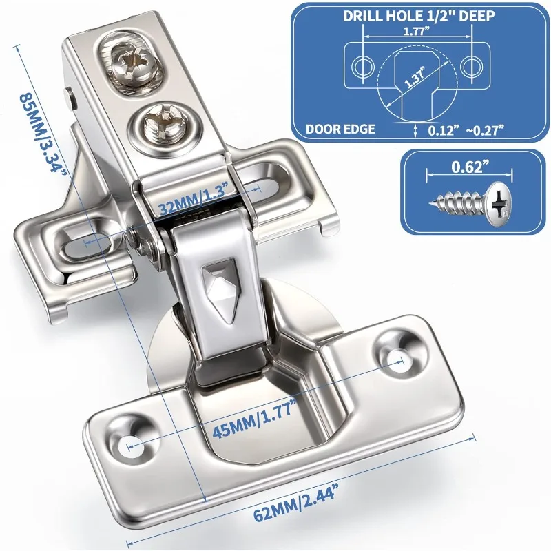 100 Pack Soft Closing Cabinet Hinges for Kitchen Cabinets 1/2 Inch Partial Overlay Kitchen Cabinet Hinges 105 Degree Concealed