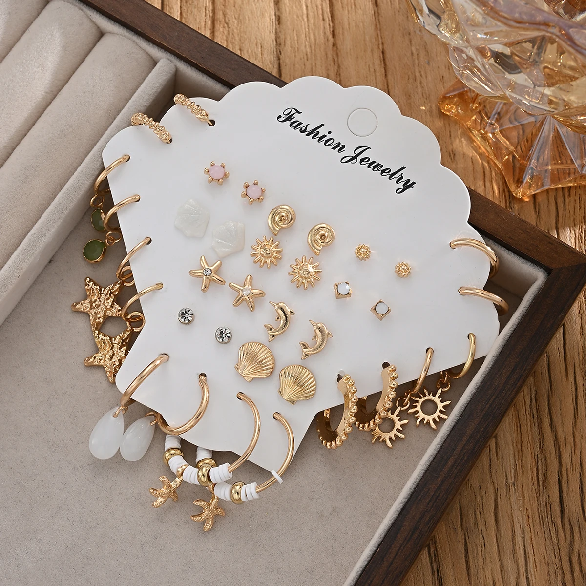 36 Pcs Starfish Shell Fish Earrings Set for Women Fashion Metal Geometric Huggie Hoop Stud Earrings Boho Summer Beach Jewelry